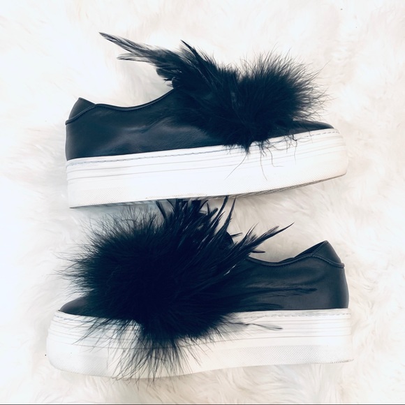 Here/Now Shoes - Here/Now Leather Black Feather Fox Fur Slip Ons